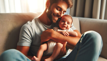 A loving family scene of a mother and father sitting on a sofa, smiling and caring for their baby together
