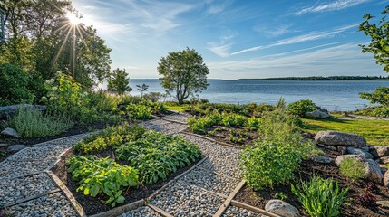 Naklejka premium Serene Seafood Themed Garden with Herbs and Water View