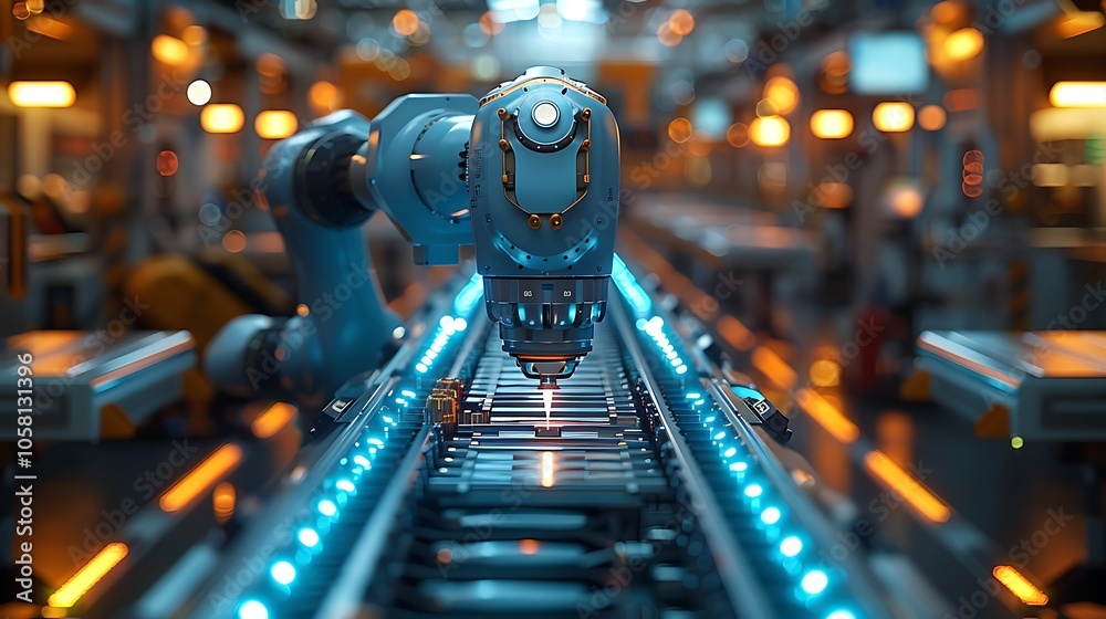 Aufkleber A robotic arm operates on a production line in a modern factory, showcasing automation and technology in a vibrant, illuminated environment.