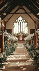 Fototapeta premium Serene Wedding Aisle Decorated with Flowers and Greenery