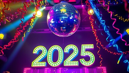 A glittering disco ball above bold "2025" text with party streamers, perfect for dance-themed events.