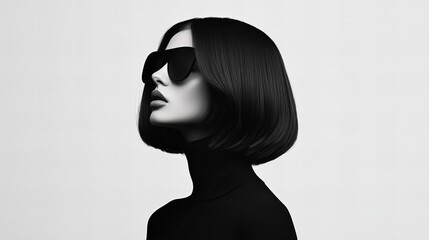Stylized side profile of a woman wearing a black turtleneck and large black sunglasses, with a sleek bob hairstyle, against a minimalist backdrop. The image exudes a chic and modern aesthetic