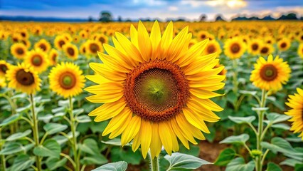 Fototapeta premium Bright yellow sunflower field in full bloom with tall stems and vibrant petals, fields, sunny day, trees