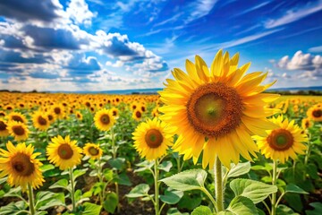 Obraz premium Bright yellow sunflowers in a field with green grass and blue sky, garden, bright, blooming