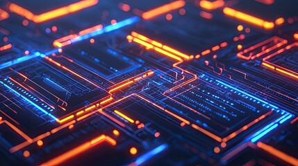 Obraz premium Futuristic circuit board design with vibrant blue and orange glowing lines.