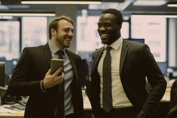 Two happy young business owners in contemporary shared office, One person talks on the cellphone, smiles together. Contract signing, ordering, attracting investment, business performance concept.