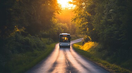 White bus traveling on the asphalt road around line of trees in rural landscape at sunset. 
