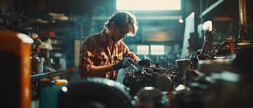 Dedicated mechanic conducts thorough inspection of car engine in well-equipped garage utilizing various tools and techniques