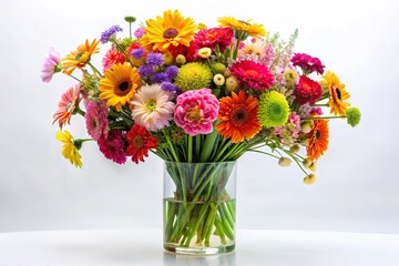 Colorful bouquets of long-stemmed flowers arranged in a glass vase with a white background, petals, decor, colorful © Hugnaka