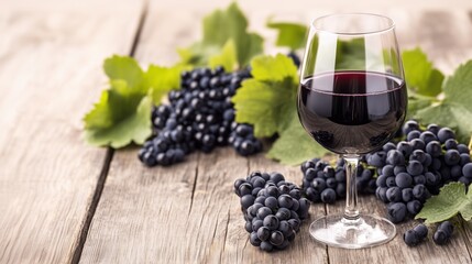 Fototapeta premium A glass of red wine beside fresh grapes on a wooden table in a cozy dining setting during the afternoon sun