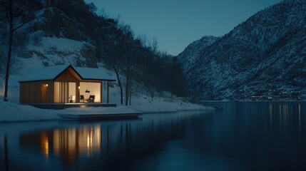 Fototapeta premium A serene blend of nature unfolds as blue hour casts reflections of a wooden house and tall pine trees on a snow-laden landscape