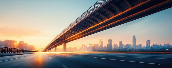 Sunset view of a modern highway bridge with a city skyline in the background.