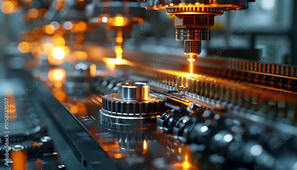 Poster A close-up view of a precision laser cutting machine in operation, highlighting its intricate components and glowing lights.