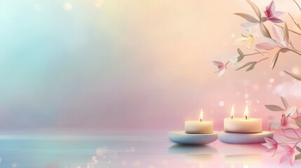 Tranquil meditation scene with candles and blossoms for inner peace and reflection