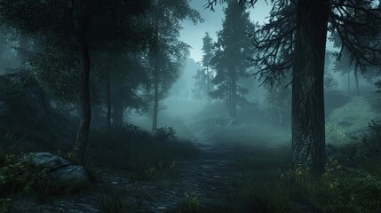 Obraz premium A Foggy Forest Path Leading Through Tall Trees