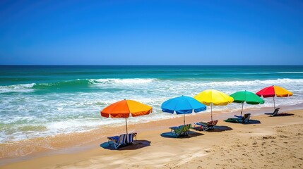 Vibrant Summer Beach Scene with Colorful Umbrellas