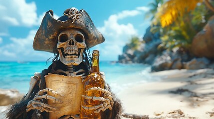 A pirate skeleton with a bottle of rum and a map on a tropical beach.