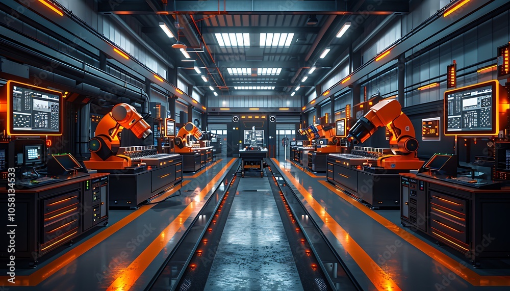 Poster a high-tech manufacturing facility featuring robotic arms and illuminated control panels, emphasizin