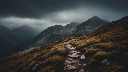 Rocky hiking path with dark gloomy stormy sky, rain clouds, and mountain background