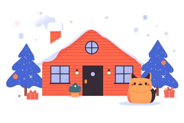 Naklejka premium Illustrated cozy red house with snow covered roof and winter decorations capturing holiday warmth and charm ideal for Christmas visuals seasonal themes or childrens books
