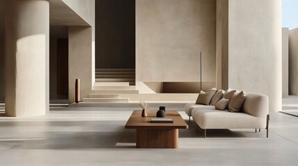 Minimalist open space with neutral tones, featuring a low wooden coffee table, a light beige sofa, and smooth, clean architectural lines that emphasize simplicity and elegance