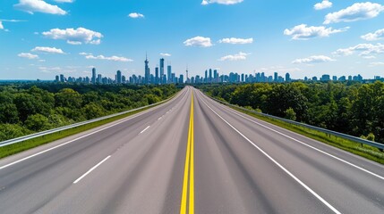 Empty highway leading towards city skyline under a clear blue sky.