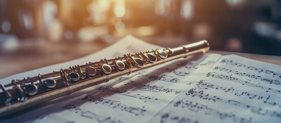 Fototapeta premium Close-up of a silver flute lying on sheet music with a blurry background.