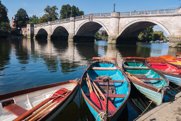 River view in Richmond upon Thames, London with boats in foreground