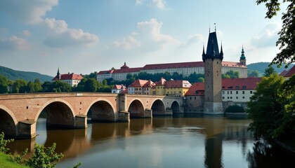 Fototapeta premium Elegant European architecture meets serene waterscape