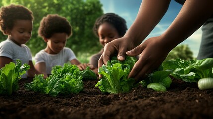Close-up of hands gardening with children, teaching them about planting and growing vegetables in a lush, green garden
