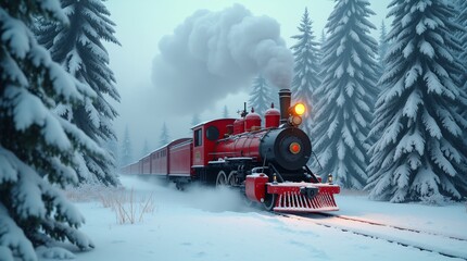 Historic steam locomotive. Old vintage red train ride in the snowy forest in north pole. Fairy tale winter landscape. Retro aesthetic. Christmas and New Year concept