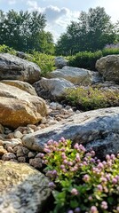 Engaging Rock Garden with Natural Elements and Flowers