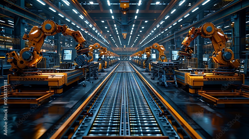 Poster a futuristic industrial environment featuring robotic arms alongside assembly lines, emphasizing aut