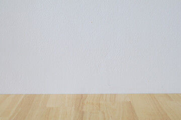 Wooden board on white wall background. Background foe products presentation or exhibition. Abstract home interior 