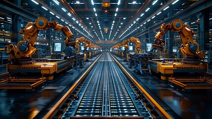 Obraz premium A futuristic industrial environment featuring robotic arms alongside assembly lines, emphasizing automation and advanced manufacturing technologies.