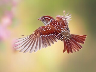 Obraz premium Fox Sparrow in Flight with Reddish-brown Streaked Plumage and Soft Natural Blur Background