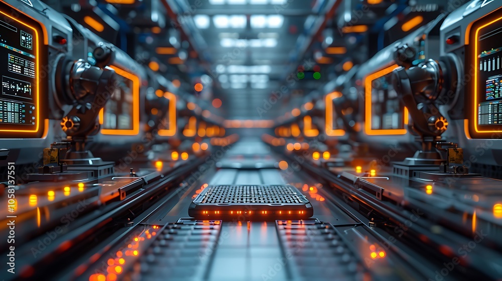 Poster a futuristic data center featuring illuminated equipment and robotic arms, highlighting advanced tec