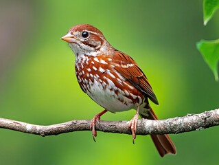 Fototapeta premium Fox Sparrow Perched on Branch with Reddish-brown Streaked Plumage and Soft Natural Blur Background