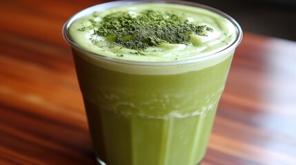 A close-up of a refreshing green smoothie in a clear glass, topped with matcha powder, on a wooden table.