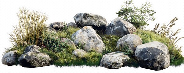 Isolated landscape composition of various rocks and grass on transparent backgrounds; 3D render PNG.