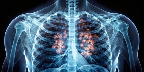 A translucent skeletal structure revealing intricate details of the rib cage and the inner workings of the human body.