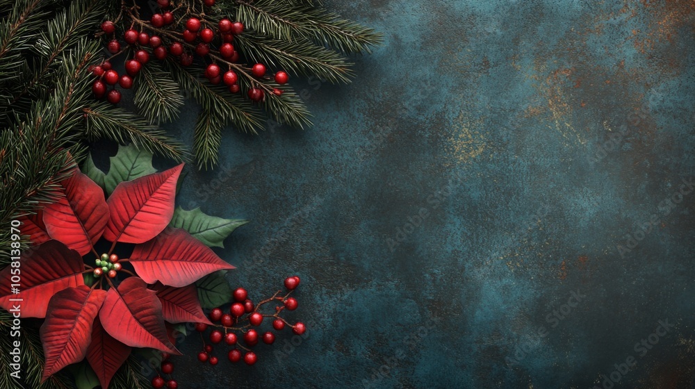 Poster A red poinsettia with green leaves is positioned in the bottom left corner of the image. Above it and to the right are sprigs of holly with red berries. The background is a teal-colored surface.