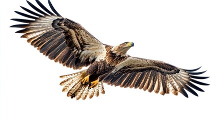 A majestic eagle soaring with its wings spread wide against a white background.