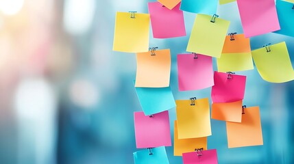 A vibrant collection of colorful sticky notes hanging against a blurred background. Ideal for themes of creativity, organization, and brainstorming in office or educational settings.