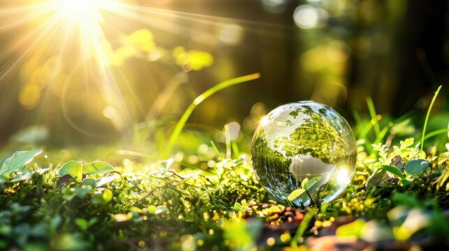 An image of a sustainable globe on lush moss and ferns, representing environmental advocacy amidst a sun-drenched forest.