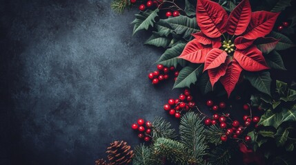 A red poinsettia flower with green leaves and red berries lies on a dark surface, creating a festive Christmas or holiday backdrop.