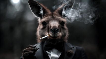 Fototapeta premium A kangaroo in a tuxedo smokes a cigarette, looking cool and sophisticated.