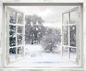 A frosted glass window framed in white wood reveals a serene winter landscape with softly falling...