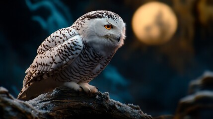 Fototapeta premium A snowy owl with piercing yellow eyes sits perched on a branch in front of a glowing full moon.