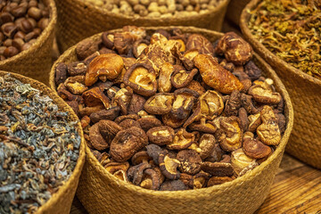 Natural Dried Shiitake Mushrooms in Woven Basket